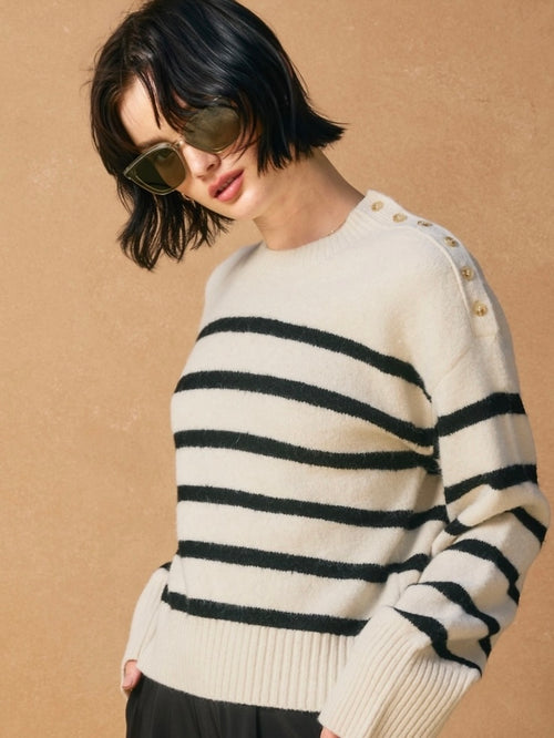 Janessa Side Button Stripe Sweater in Ivory