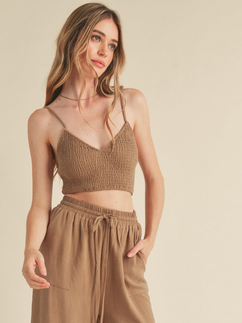 Haley Smocked Spaghetti Strap Crop Top in Brown