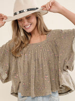 Garment Washed Shirred Crop Jersey Knit Top in Light Olive