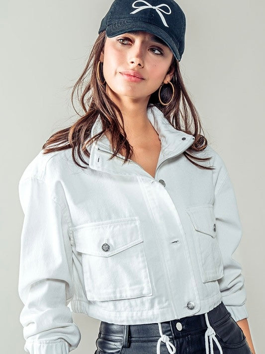Cropped White Denim Jacket