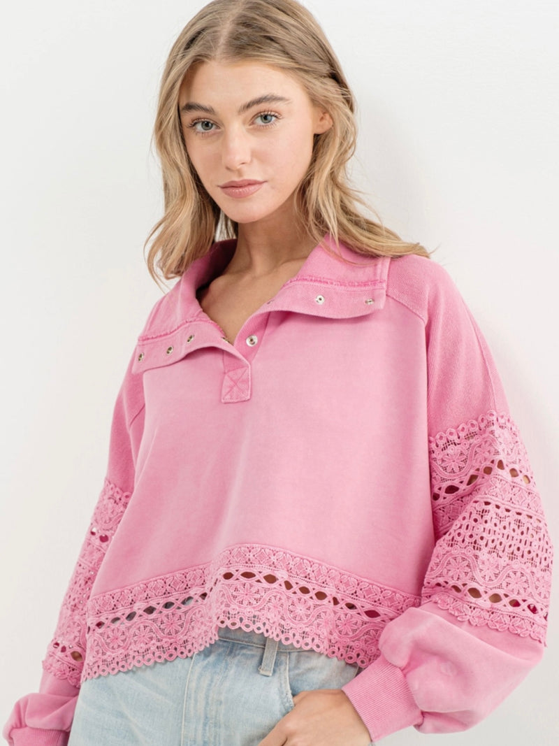 Garment Washed Lace Edge Pullover in Hot Pink