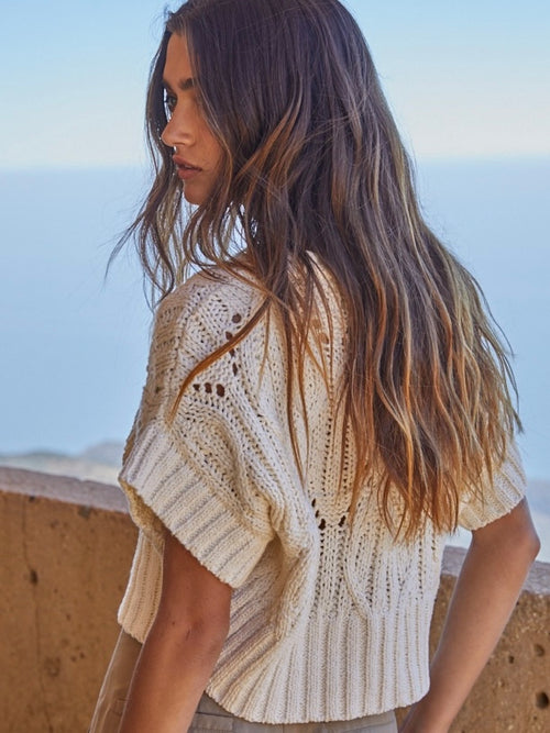 Knit Sweater Crochet Round Neck Short Sleeve Top in Cream
