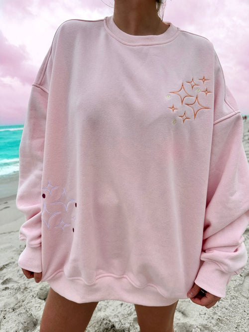 Sun Set Rays Embroidery Hoodie in Light Pink