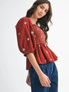 Floral Embroidered Smocked Blouse Top in Dark Rust