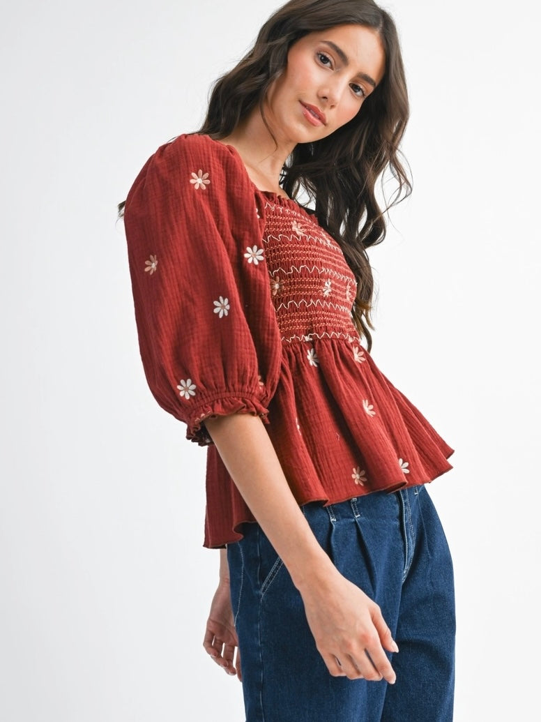 Floral Embroidered Smocked Blouse Top in Dark Rust