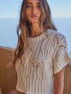 Knit Sweater Crochet Round Neck Short Sleeve Top in Cream