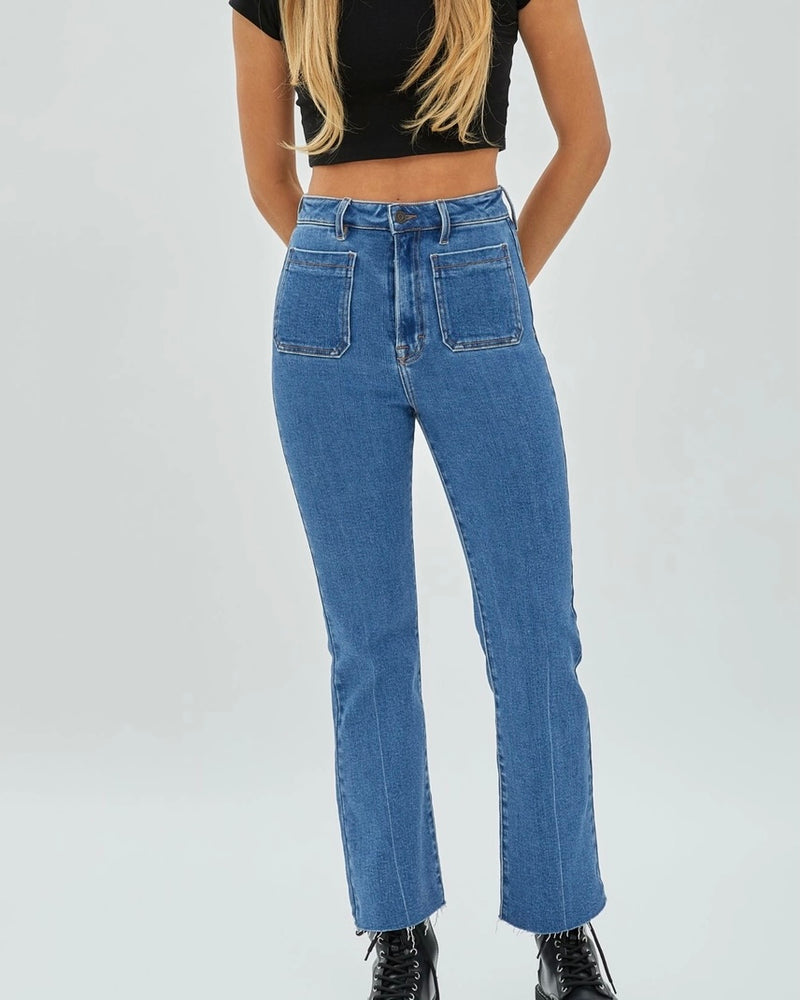 Mia Medium Wash Front Pocket Crop Flare