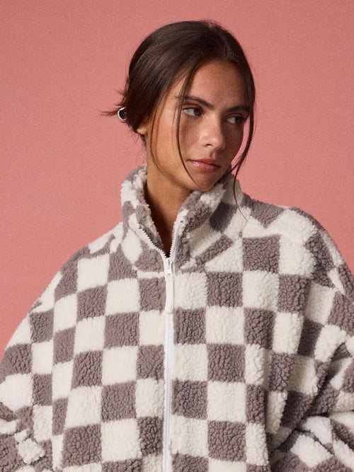 Grey Checkered Fleece Jacket
