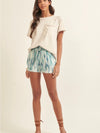 FINAL SALE Abstract Elastic Paperbag Distressed Hem Shorts in Denim Blue