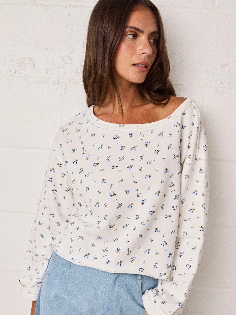 Floral Crop Long Sleeve Raw Edge Top
