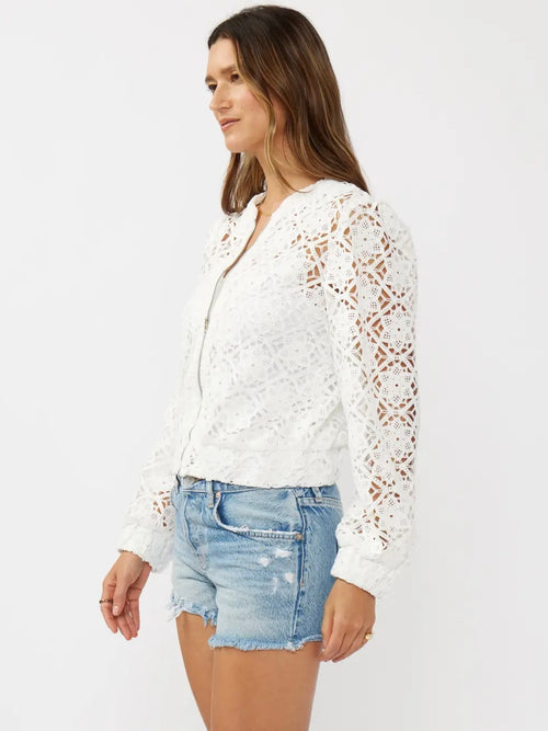 Floral Crochet Lace Bomber Jacket in White