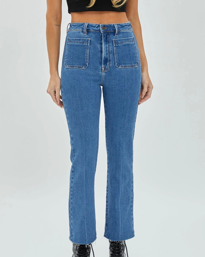 Mia Medium Wash Front Pocket Crop Flare