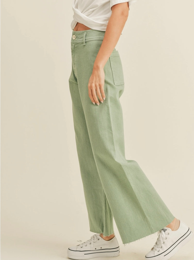 Straight Wide Leg Denim Pants in Matcha
