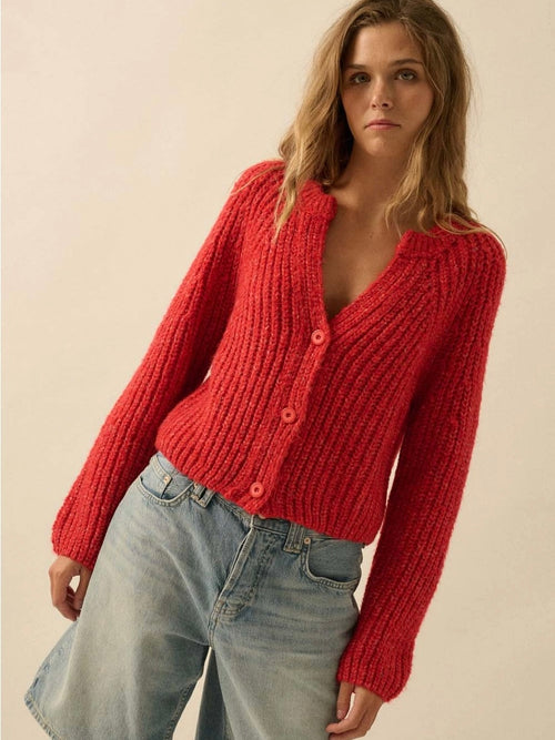 Ophelia Button Front Cardigan Sweater in Red