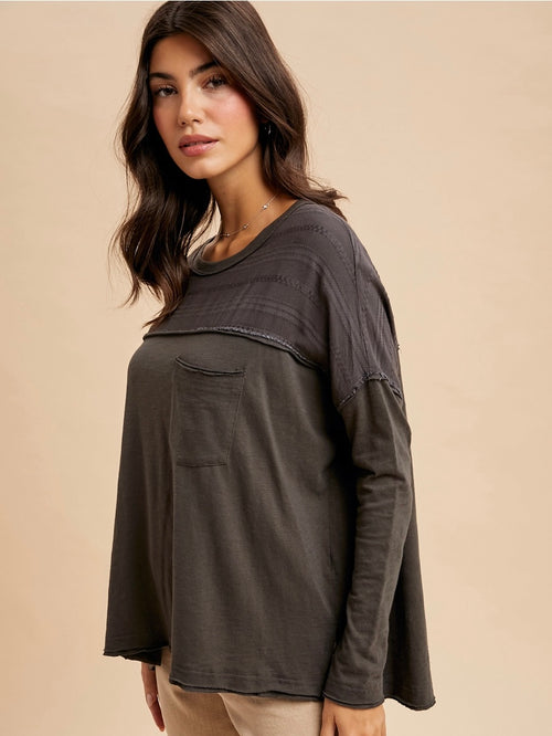 Embroidered Burnout Long Sleeve in Charcoal