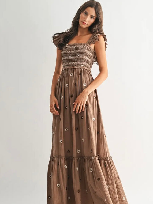 Smocked Mocha Embroidered Maxi Dress