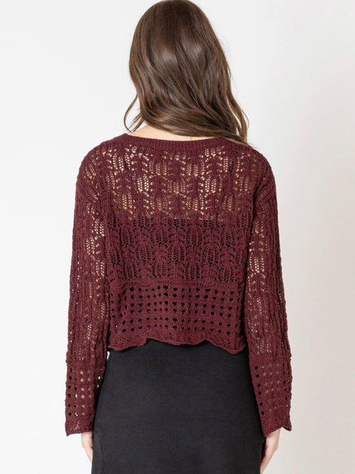Open Stitch Wavy Hem Sweater in Wine