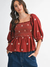 Floral Embroidered Smocked Blouse Top in Dark Rust