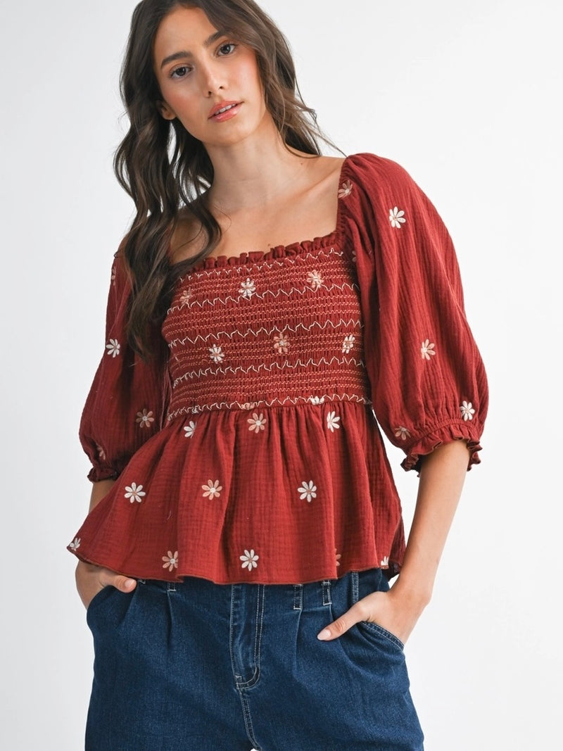 Floral Embroidered Smocked Blouse Top in Dark Rust