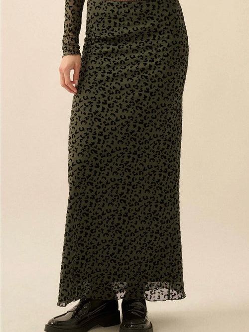 Flocked Leopard Mesh Straight Maxi Skirt
