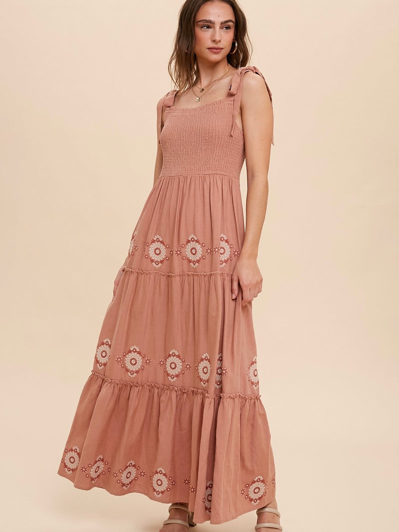 Emily Embroidered Tiered Dress in Clay