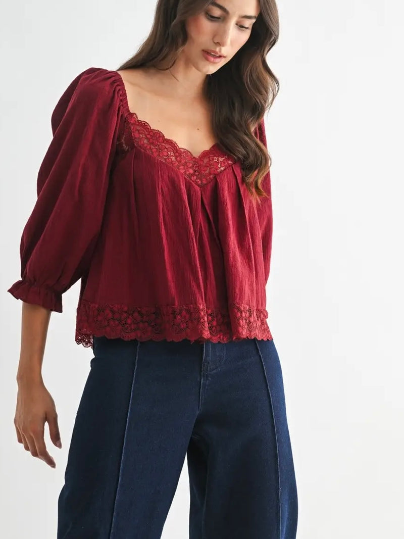 Lace-Trim Puff Sleeve Top
