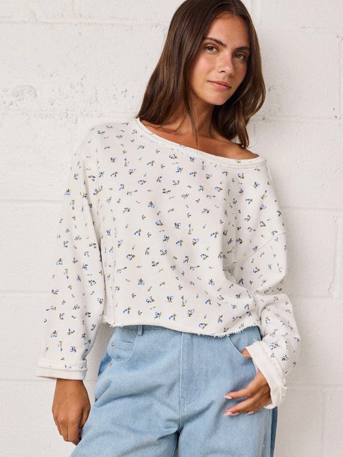 Floral Crop Long Sleeve Raw Edge Top