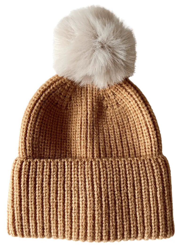 Ribbed Knit Fur Pom Hat in Rustic