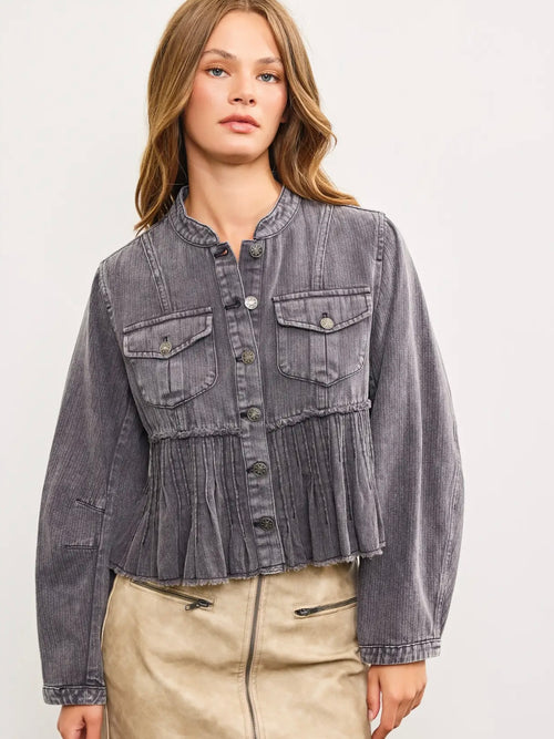 Pleated Washed Button Denim Jacket