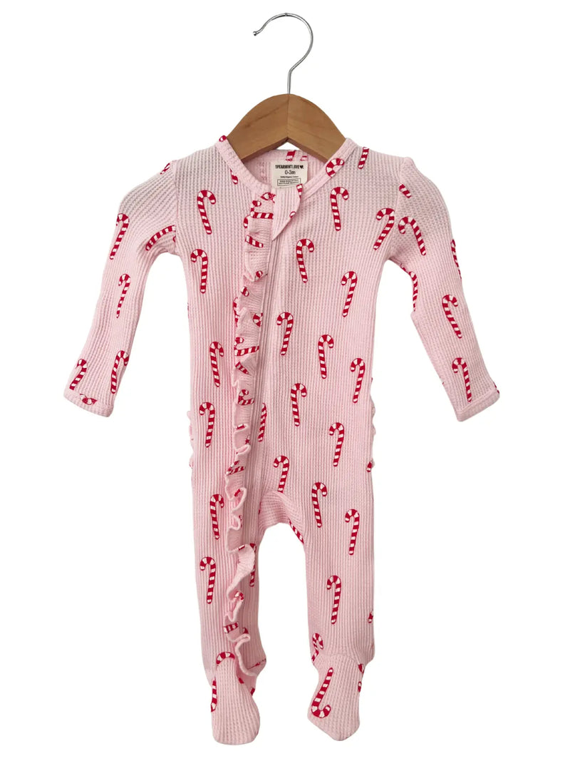 Candy Cane Organic Waffle Ruffle Zip Footie in Pink