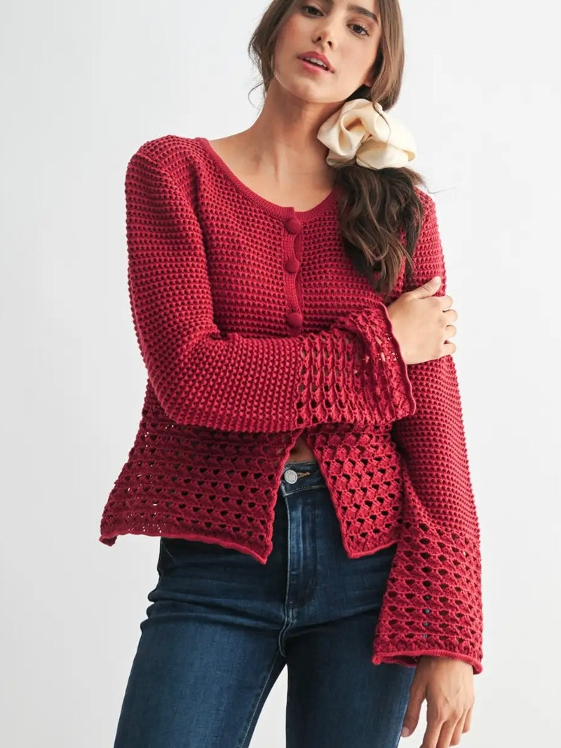 Crimson Detail Crochet Cardigan