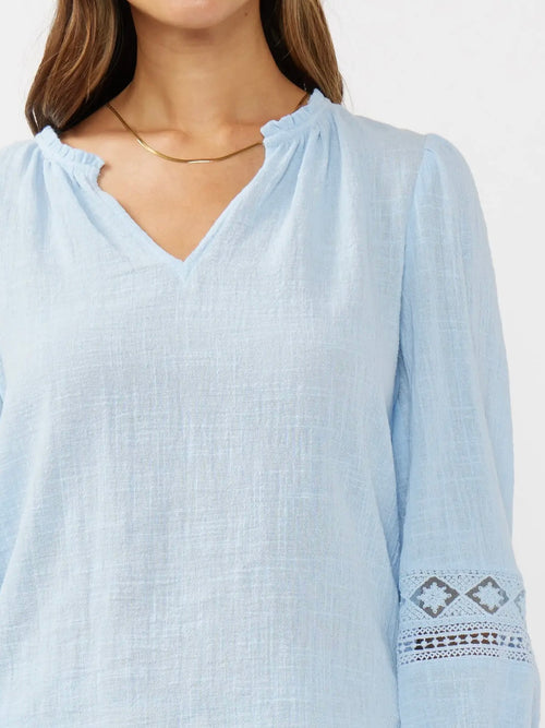 Chambray Blue Embroidered Sleeve Gauze Blouse