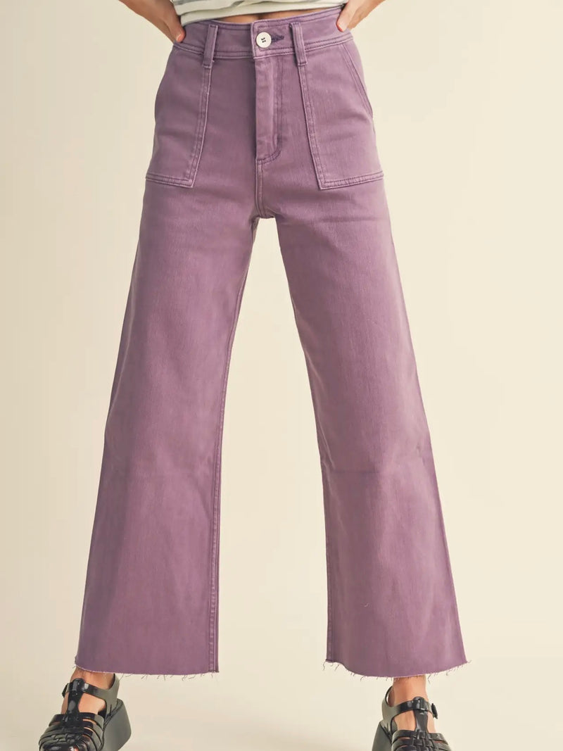 Dye and Wash Cotton Stretch Wide Leg Pant in Grape