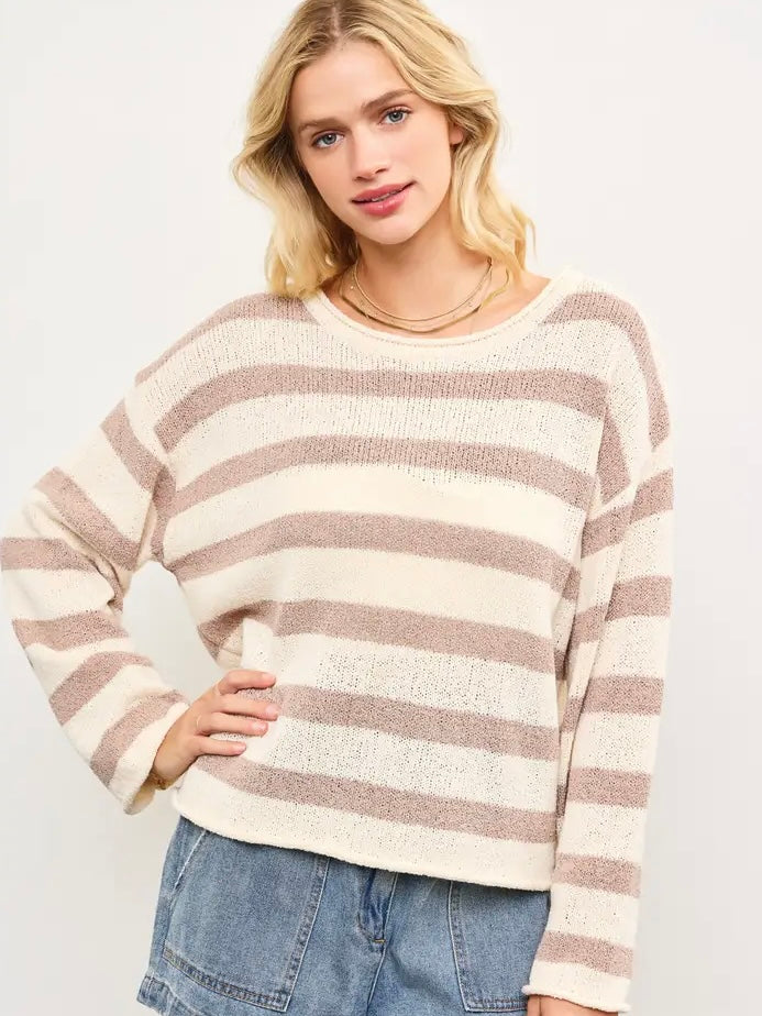 Boat Neck Striped Texture Knit Sweater