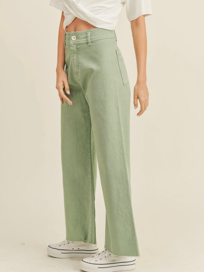 Straight Wide Leg Denim Pants in Matcha