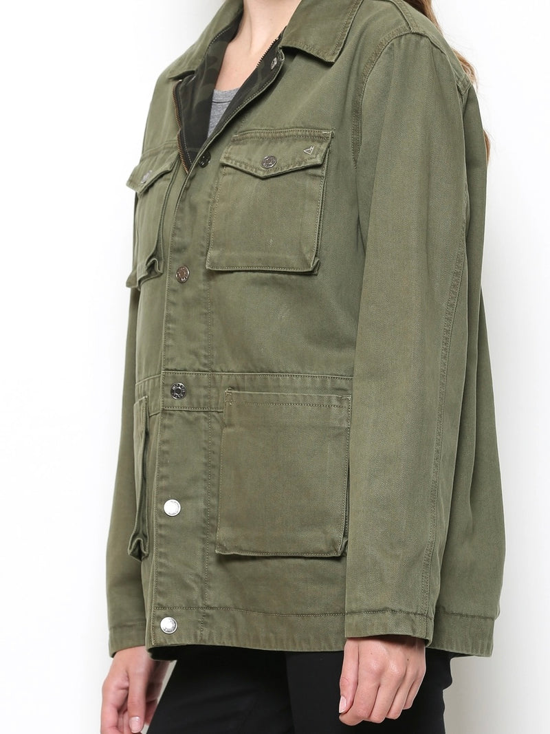 Camo Oversized Reversable Denim Jacket in Olive Green