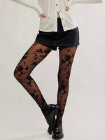 Flocked Floral Tights in Black