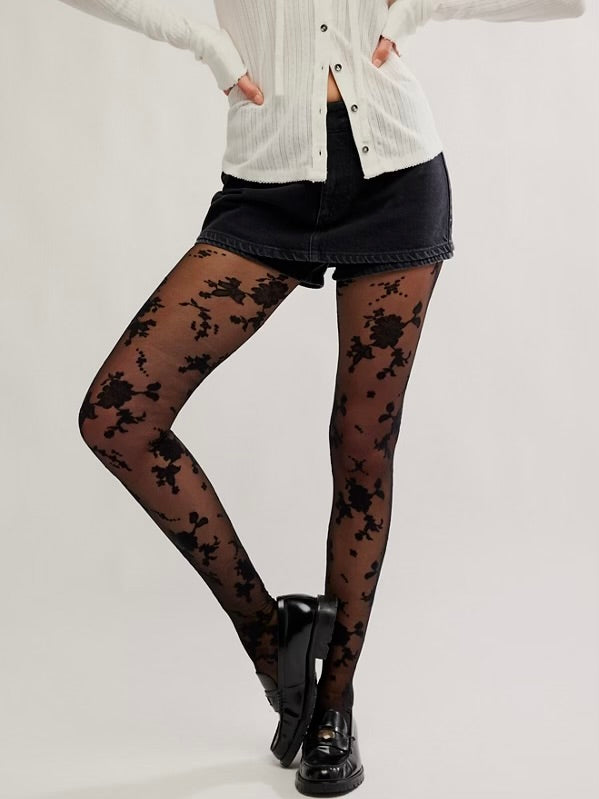 Flocked Floral Tights in Black