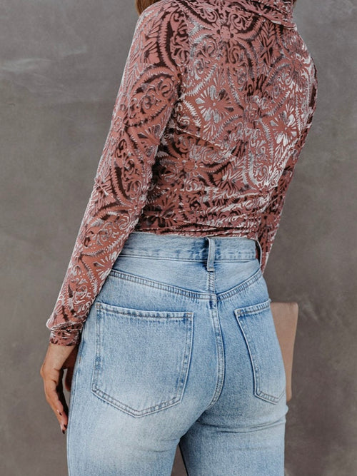 Velvet Burnout Turtleneck Top Burgundy