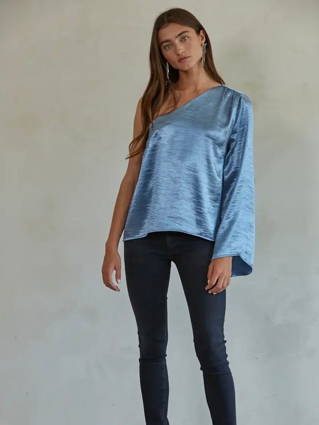 Cecily Blue Silk One Shoulder Top