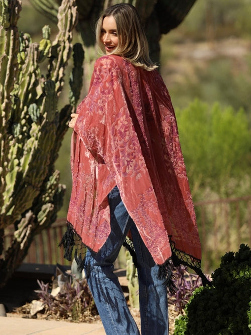 Floral Fringe Velvet Burnout Kimono