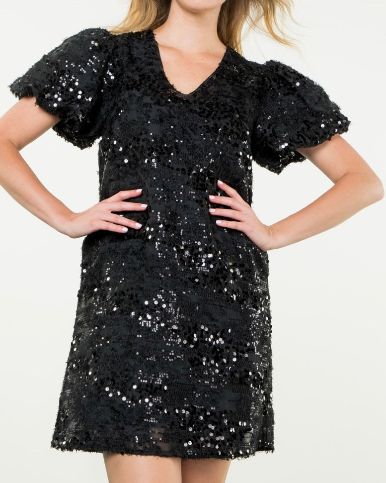 Black Puff Sleeve Sequin Dress