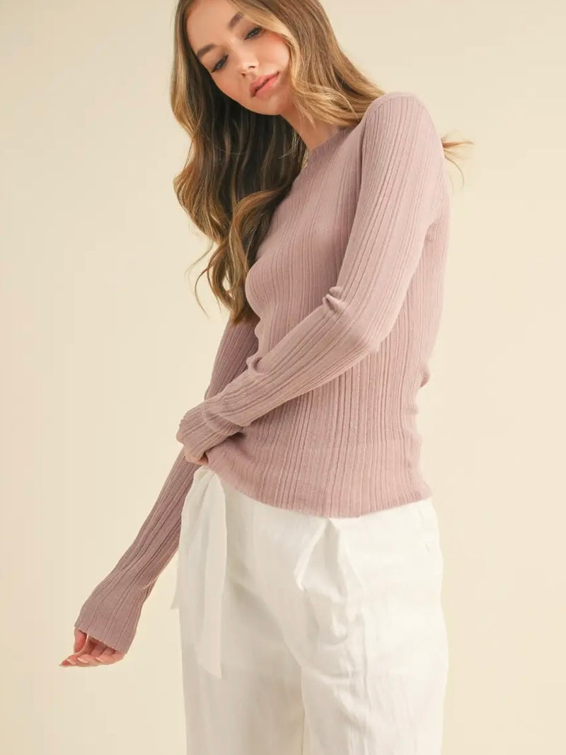 Boat Neck Long-Sleeve Sweater Top in Mauve