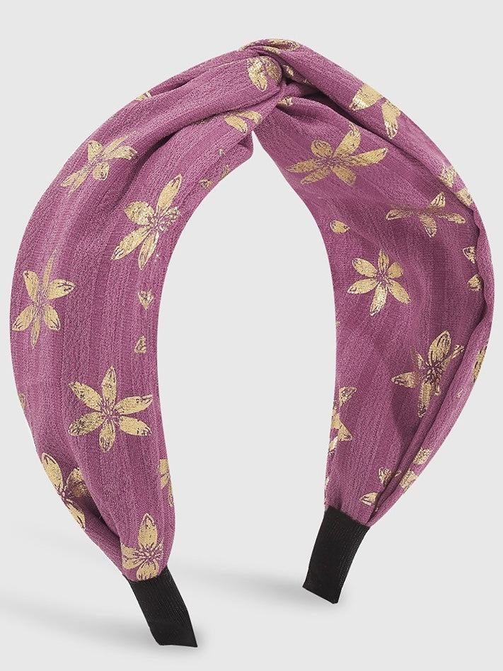 Gold Foil Flower Stamped Cross Headband in Purple