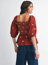 Floral Embroidered Smocked Blouse Top in Dark Rust