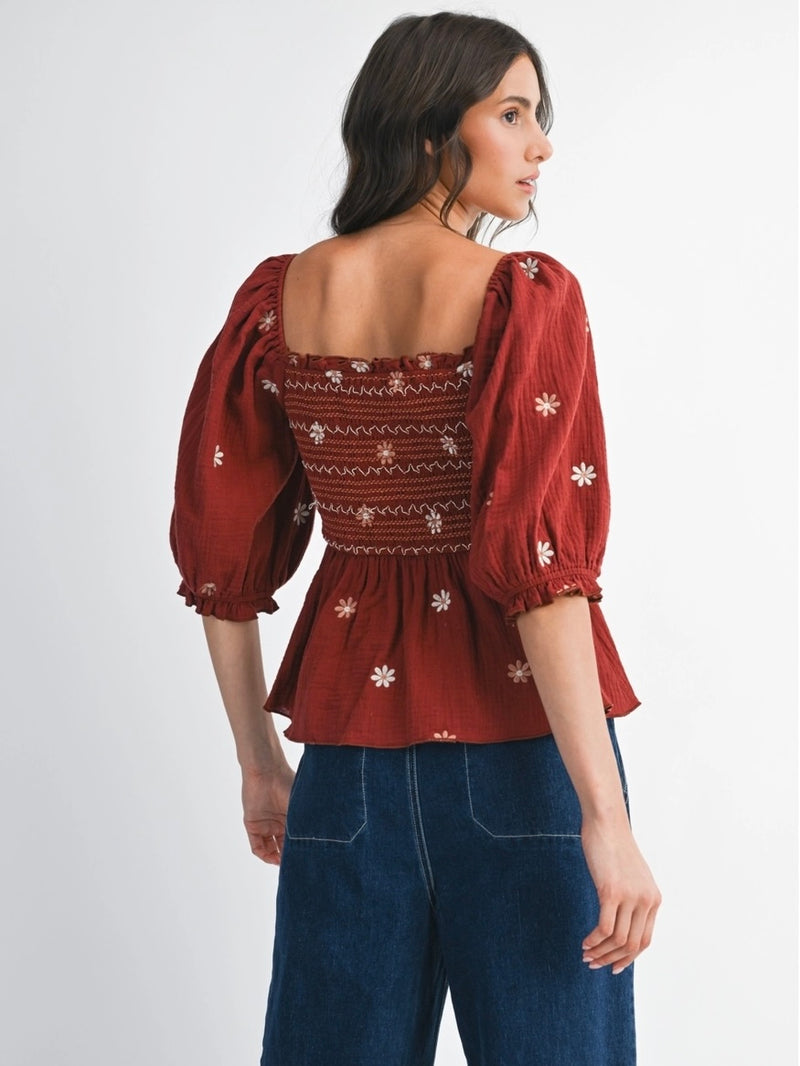 Floral Embroidered Smocked Blouse Top in Dark Rust