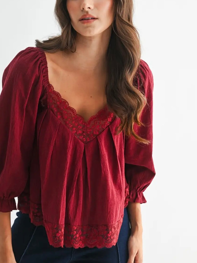Lace-Trim Puff Sleeve Top