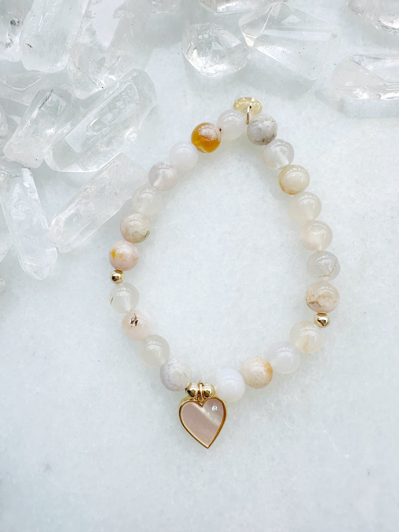 Sakura Chalcedony & Mother of Pearl Rhinestone Heart Octa Stretch