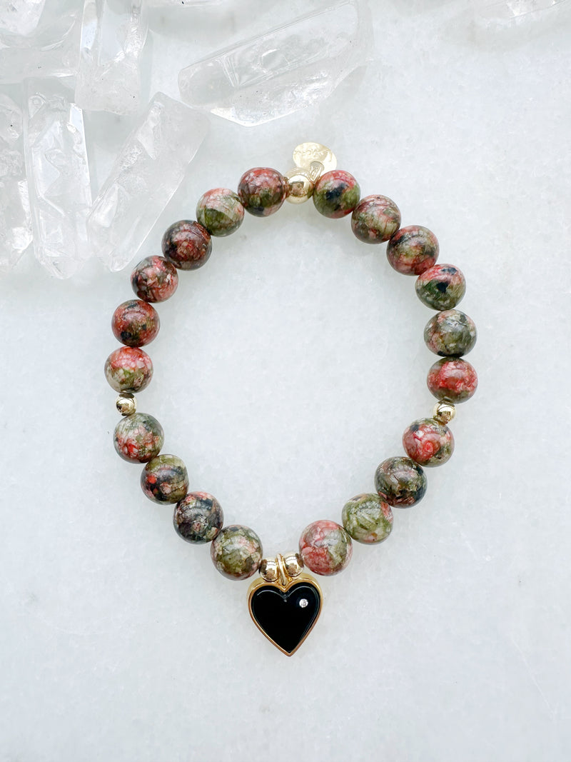 Unakite & Onyx Rhinestone Heart Octa Stretch