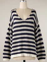 Denim Striped Cable Knit Sweater